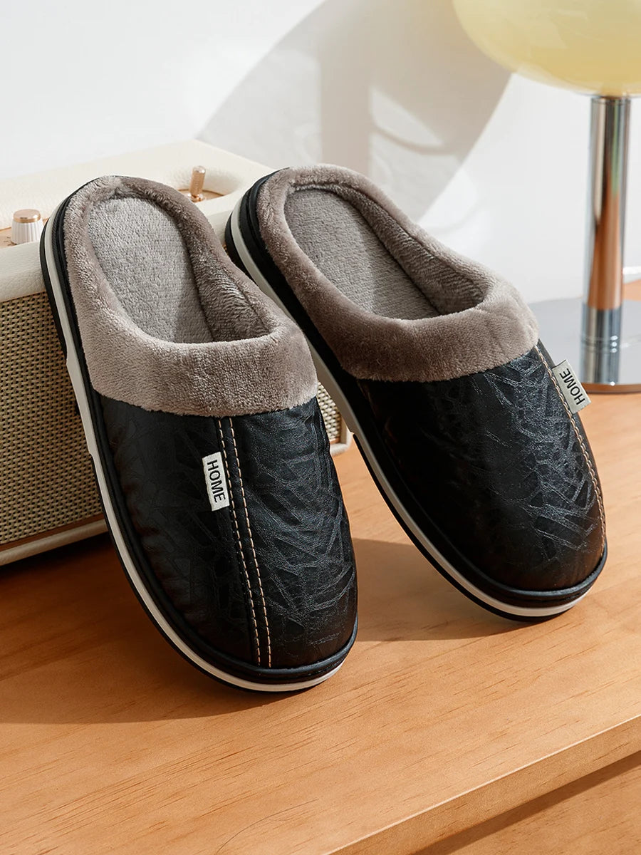 Men's PU Leather Slippers Indoor Waterproof Fur Flat Winter Home Shoes