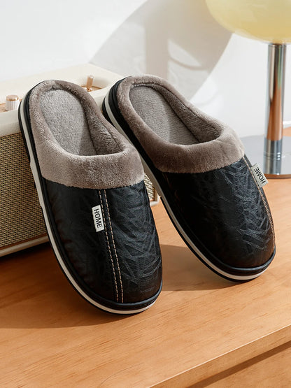 Men's PU Leather Slippers Indoor Waterproof Fur Flat Winter Home Shoes
