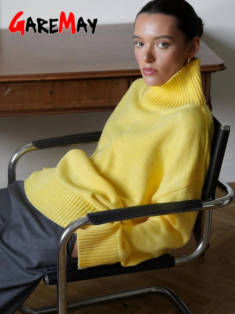 Women's Oversized Turtleneck Knitted Sweater Regular Length Soft Knit