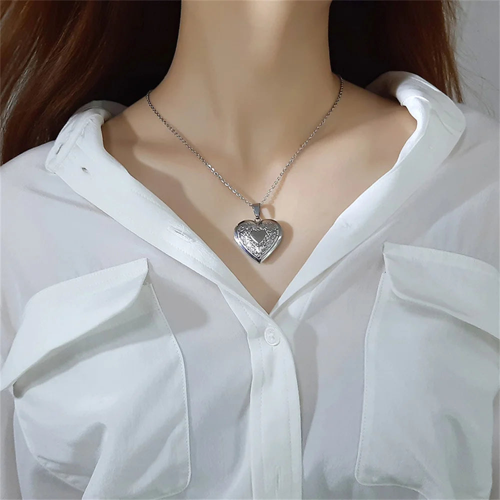 Romantic Heart Locket Pendant Openable Female Silver Color Stainless Steel Photo Frame Charm Necklace for Women Men Jewelry Gift