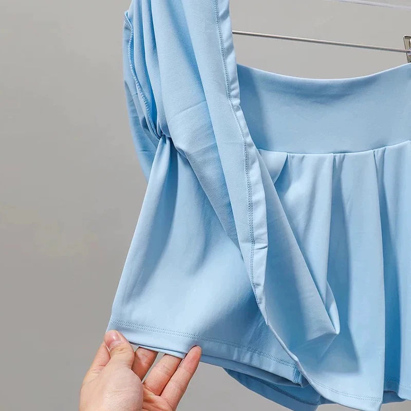 Women's summer new tennis suit set, short polo shirt, short sleeved sports top paired with pleated anti glare skirt pants