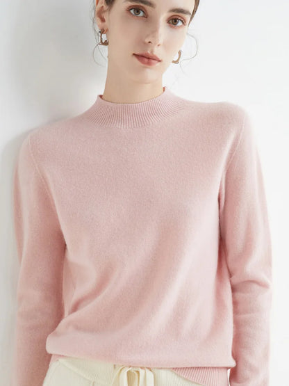 Women Mock Neck Knit Pullover Sweater Solid Cotton Acetate Autumn Winter