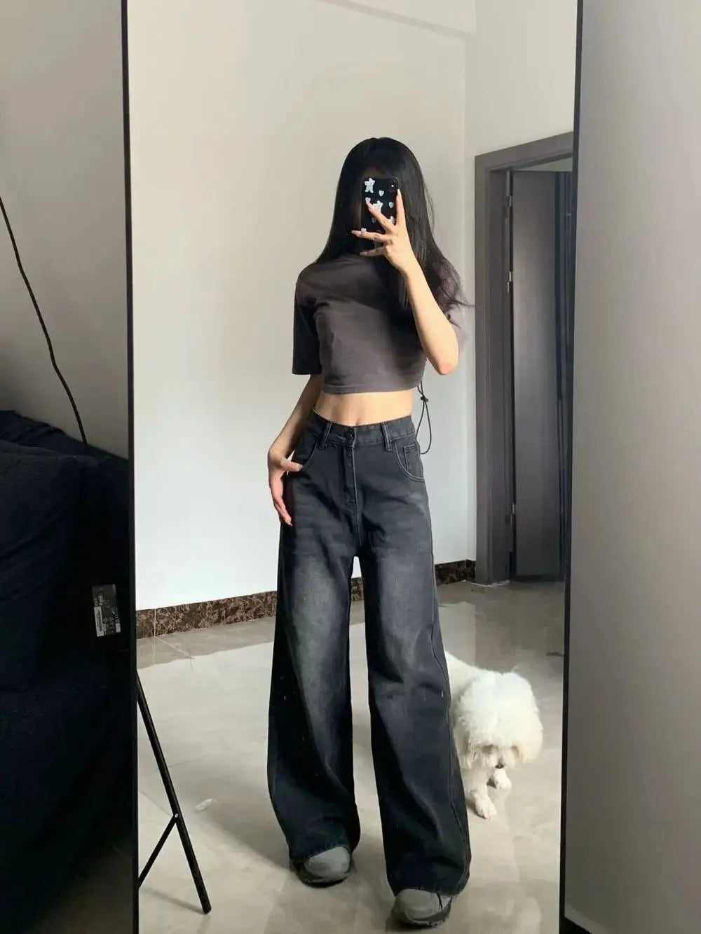 Korean Vintage High Waist Women's Jeans Y2K Slimming Pear-Shaped Loose Straight Bell Bottoms Black Gray Baggy Denim Trousers