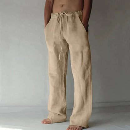 Men's Cotton Linen Ankle-Length Solid Color Breathable Elastic Waist Pants