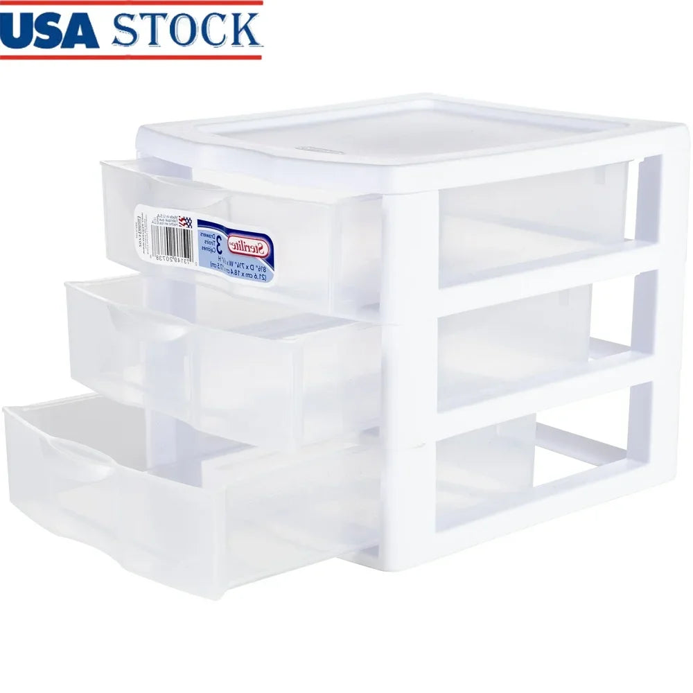 Small 3 Drawer Storage Unit Plastic Stackable Organizer Clear Front Drawers Desktop Container Office Home Crafts Makeup