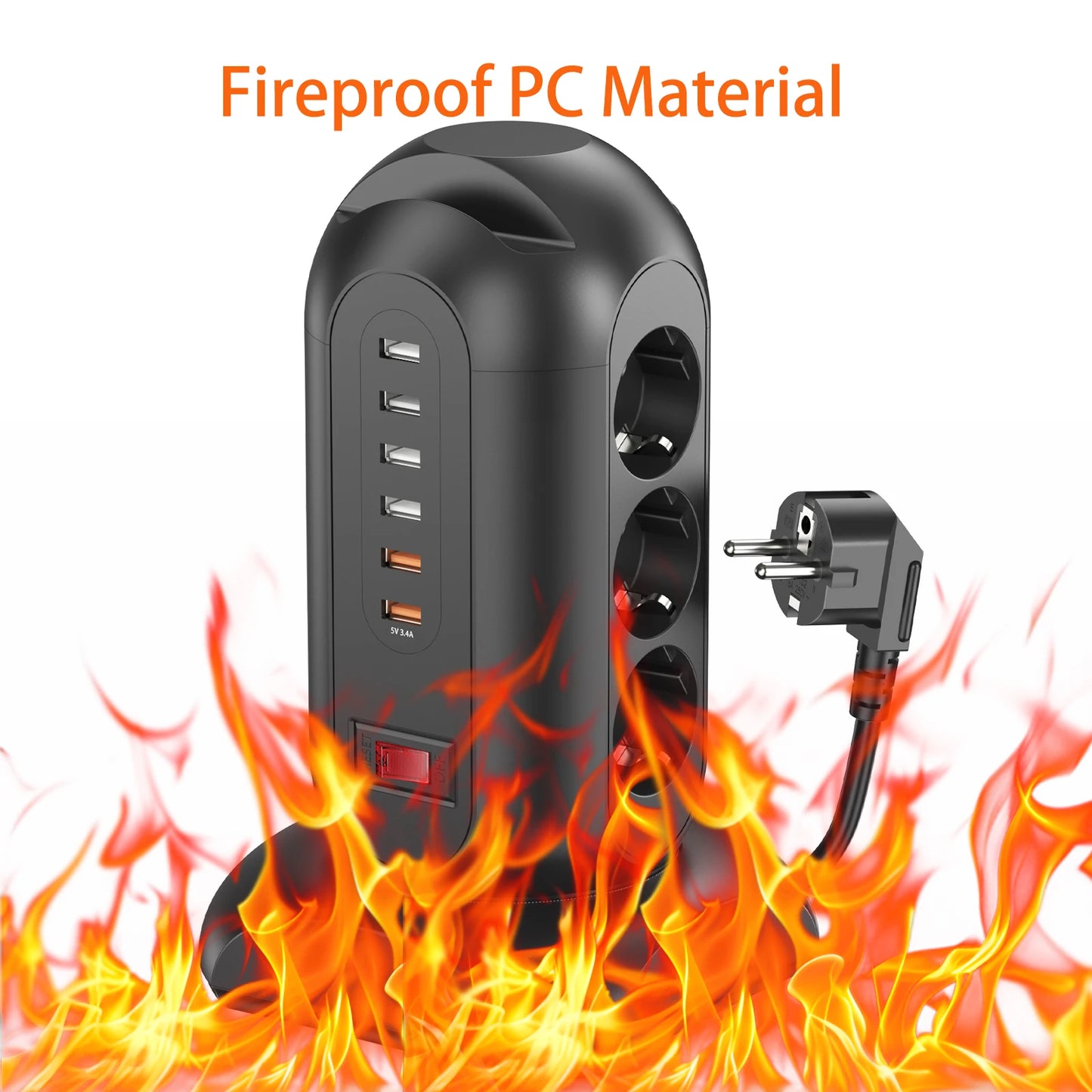 9 way Multiple Socket Power Strip with 6 USB Vertical EU Outlets Tower Socket with 1.8M Extension Cord Surge Protection for home