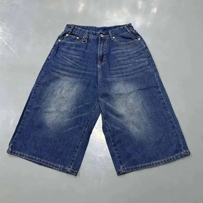 Men's Summer Denim Jeans Old Blue Washed Straight Loose Wide Leg