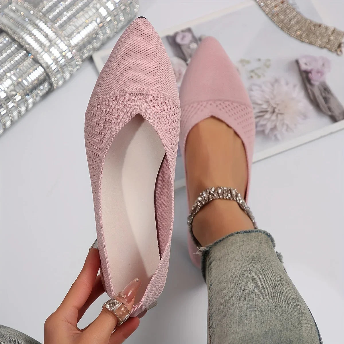 Women's Pointed Toe Flat Shoes Solid Color Knitted Slip on Ladies Shoes Casual Breathable Ballet Women Flat Shoes Loafers Women