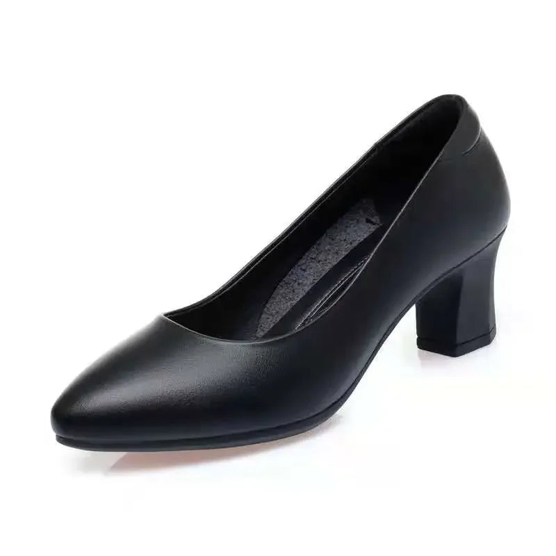 Plus Size Women's Black PU Leather Slip-On Pumps, Round Toe, Square Heel