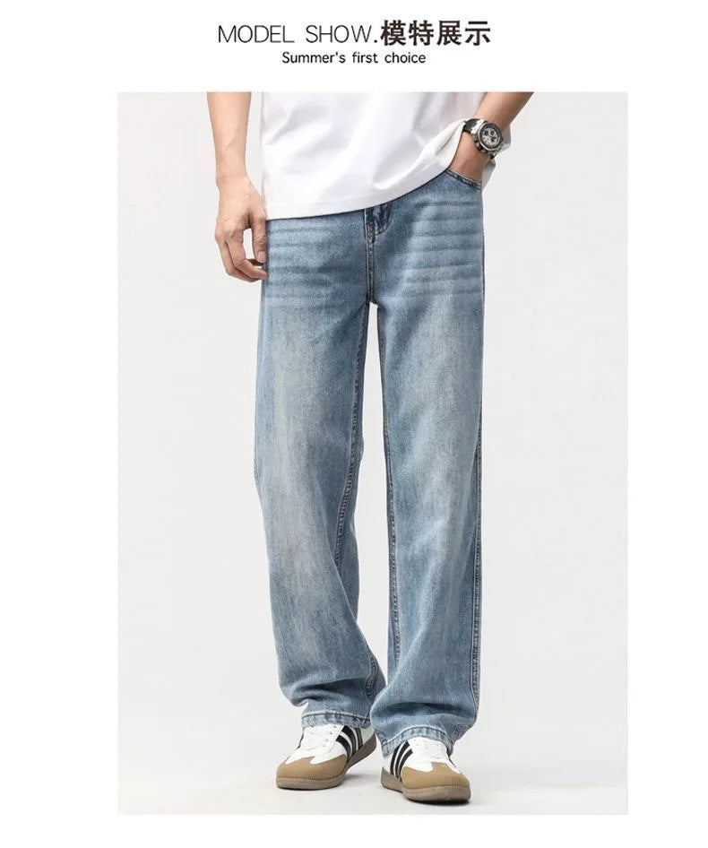 Men's Loose Straight Jeans, Light Blue, Casual Minimalist