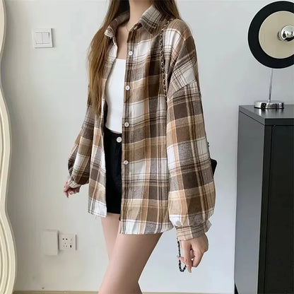 Women Plaid Shirt Long Sleeve Turn Down Collar Single Breasted Loose Fit