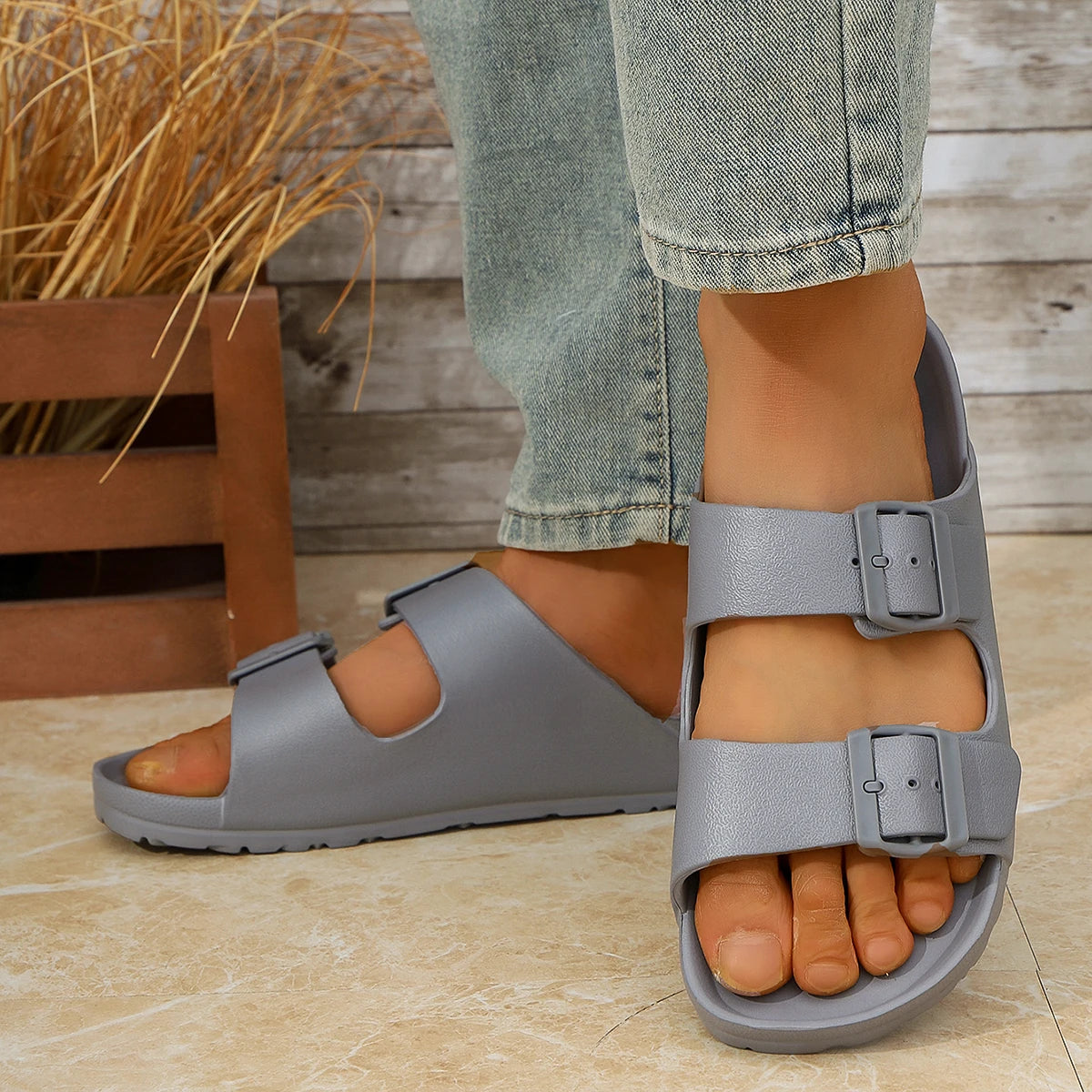 Slippers For Men Buckle Adjustable EVA Slip On One Piece Double Bar Flat