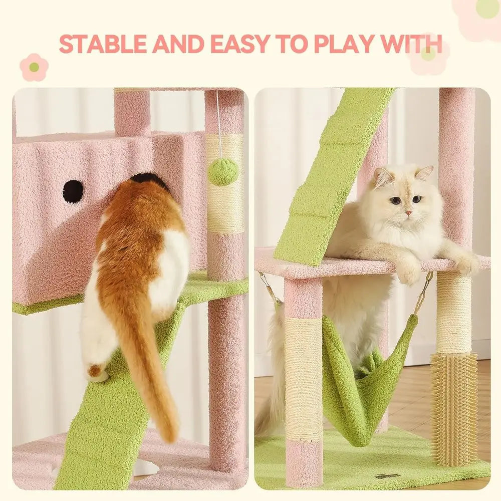 65 Pink Large Cat Tree with Extra Condo, 2 Perches, Hammock & 6 Sisal Posts