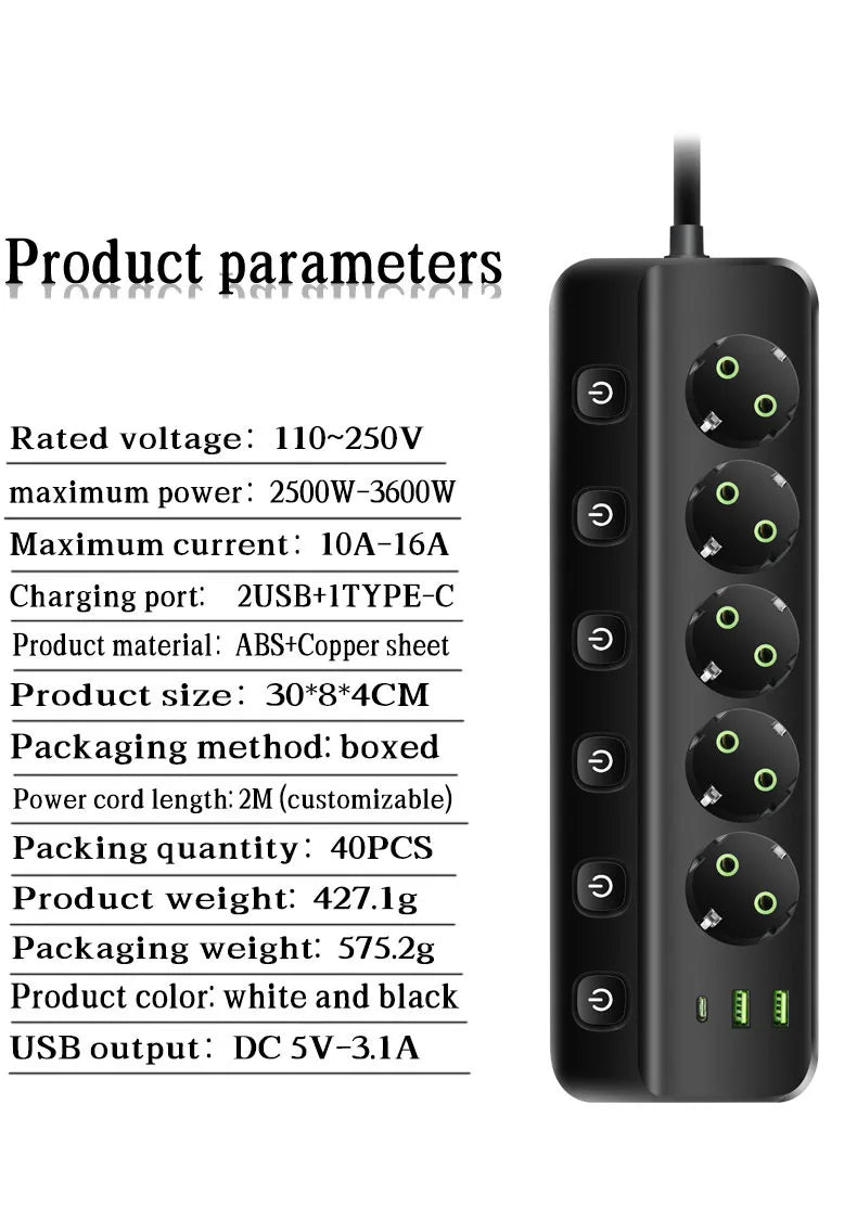 EU Plug Electrical Socket with 3/5 AC Outlets 2 USB Ports + 1 Type C 6/8-in-1 Plug Socket Adapter 2M Power Strip for Home Office