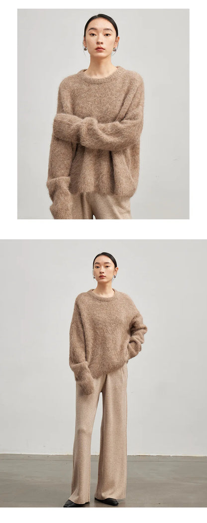 Alpaca Knit Pullover Sweater For Women, Loose Fit, Camel, Beige