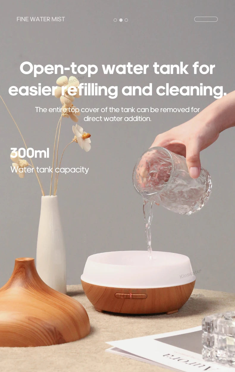 KINSCOTER Wood Grain Aromatherapy Diffuser 300ml Essential Aroma Oils Ultrasonic Air Humidifier 3 Timers USB Color Light