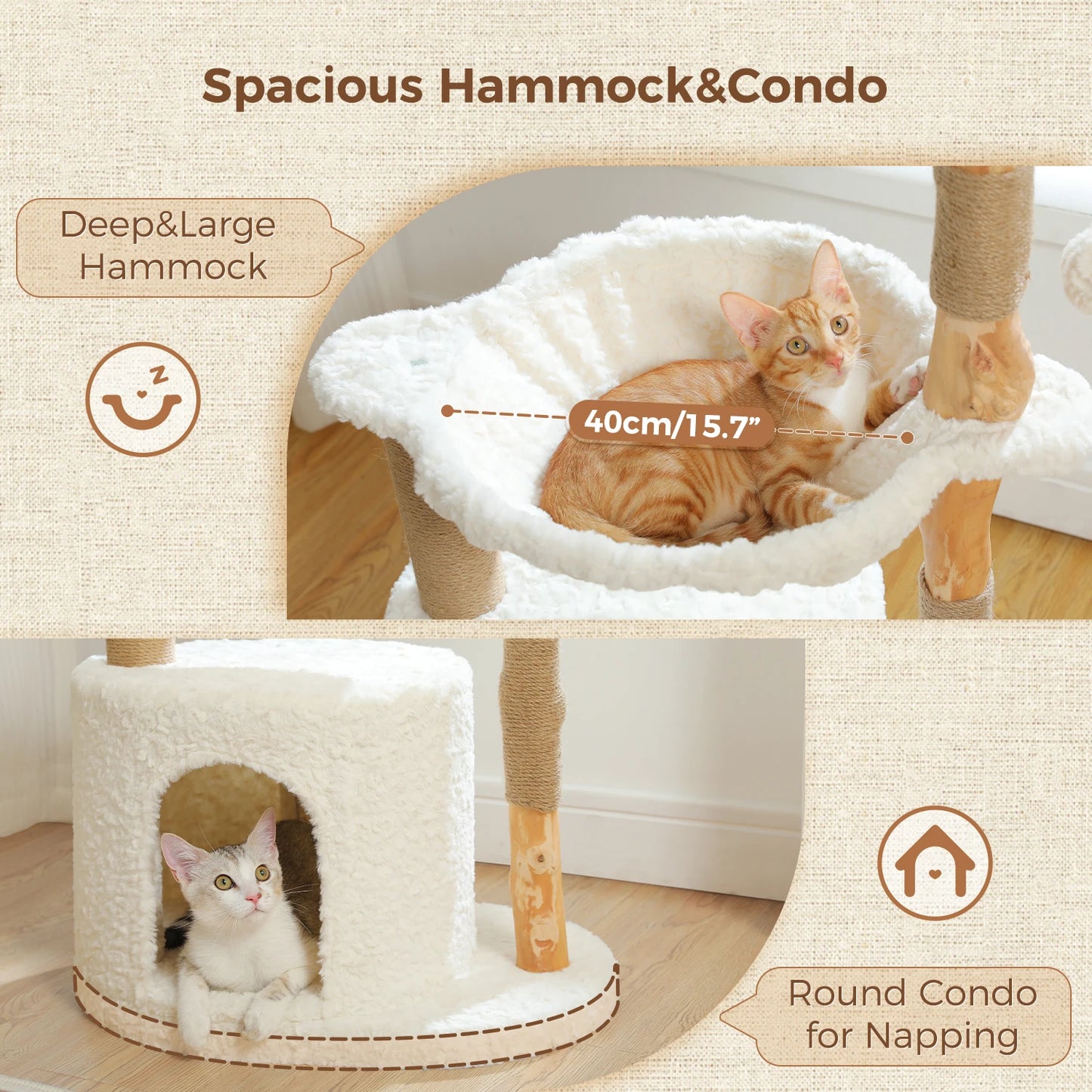 Solid Wood Cat Tree Modern Cat Tower with Spacious Cat Condo,Flower Perches,Fun Pompom,Double Comfort Perfect for Indoor Kittes