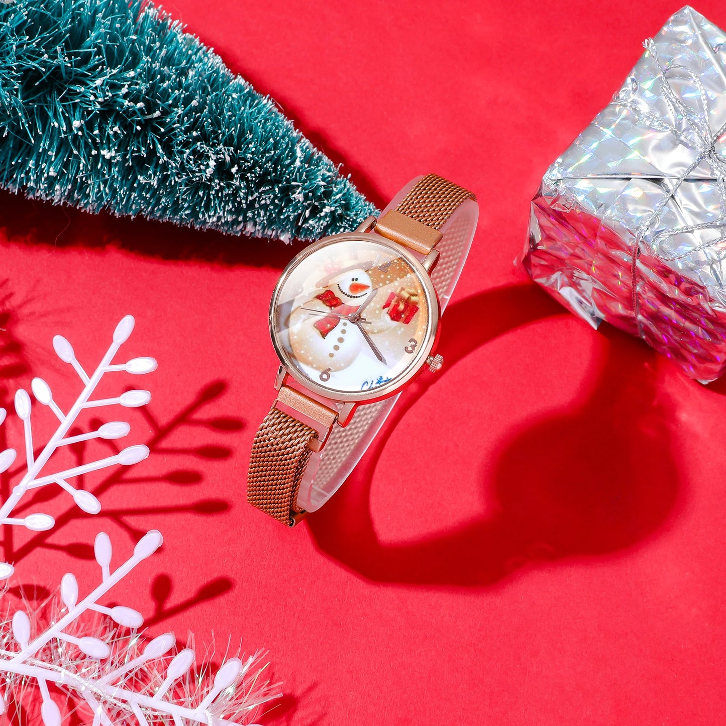 Festive Quartz Watch Accessory Set – Snowman & Reindeer Pattern