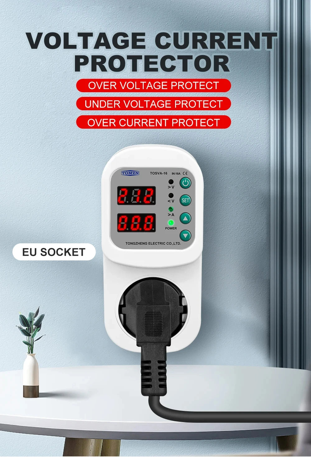 TOMZN Automatic Voltage Current Protector Socket AC110V 220V Adjustable 1-16A Power Surge Protector EU Plug Socket TOSVA-16