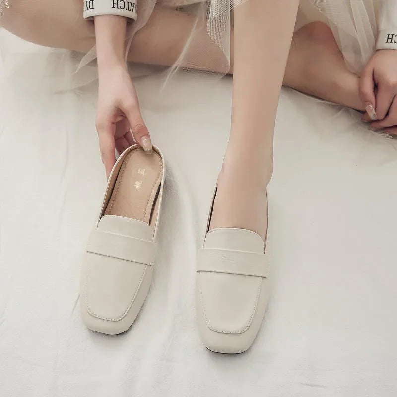 Baotou Half Slippers Women 2024 New Fashion Flat Soft Leather Slip-on Lazy Soft Sole Flat Shoes Zapatos Mujer   Women Shoes