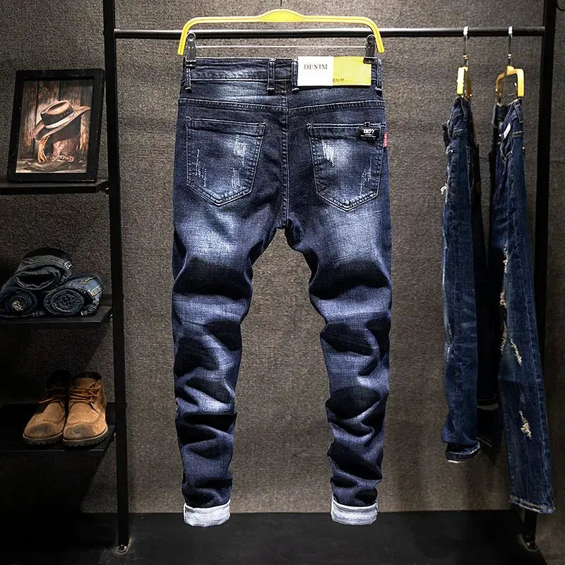 Men's Slim-Fit Elastic Jeans, Ripped Denim, Cotton, Blue Black