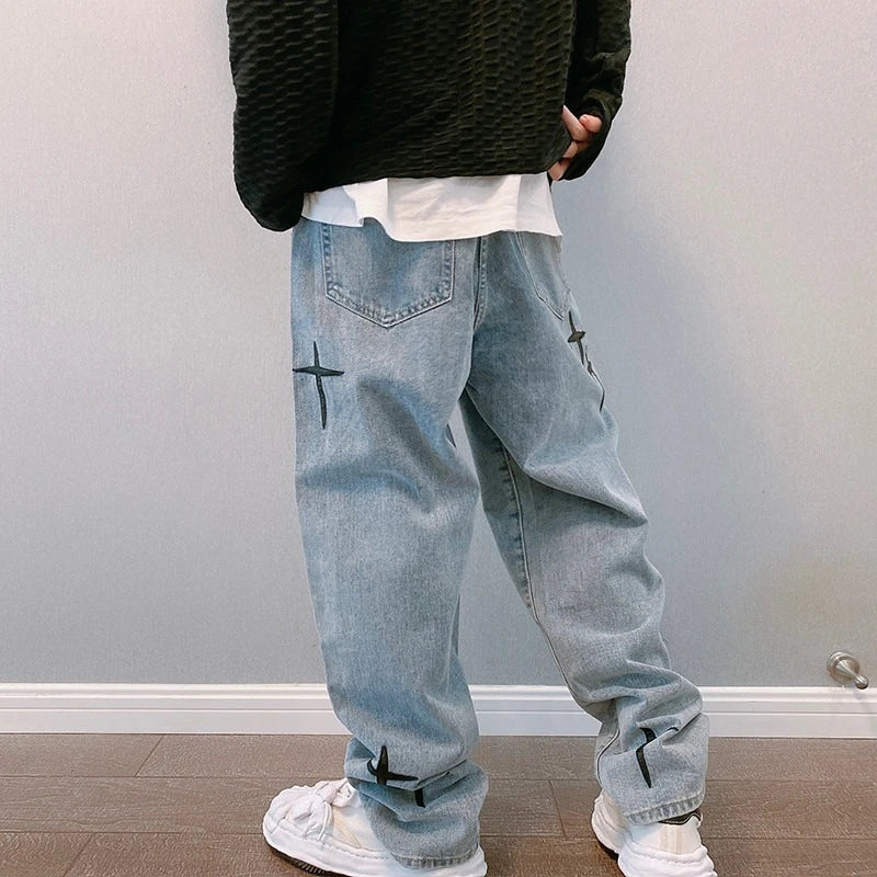 Mens Baggy Wide Leg Denim Cargo Pants Straight Fit