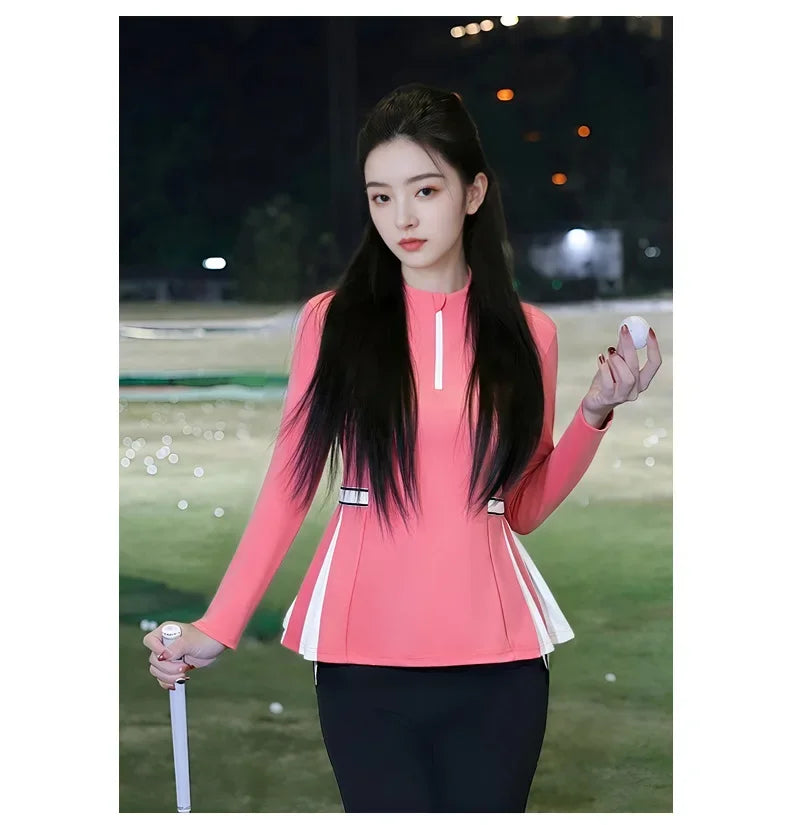 2025 New Golf Shirt Women Long Sleeve Zipper Collar T-Shirt Ladies Slim Pleated Golf Tops Breathable Casual Tennis Sportswear