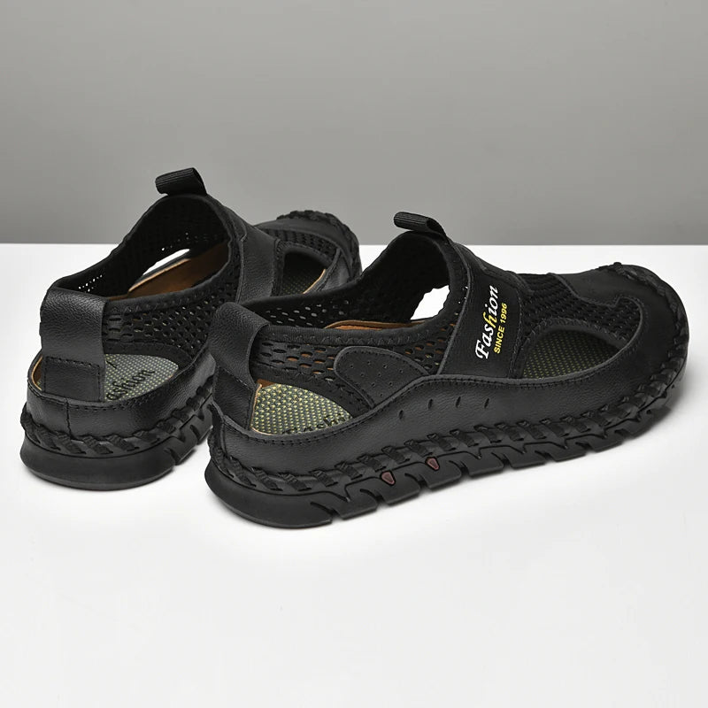 Men's Breathable Leather and Mesh Sandals with Elastic Band