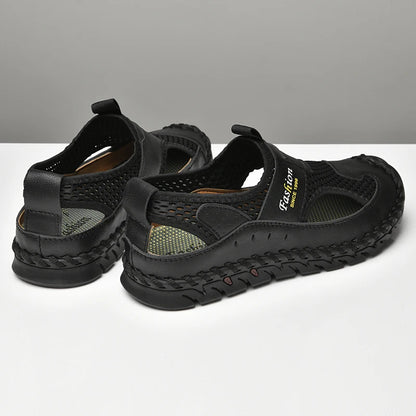 Men's Breathable Leather and Mesh Sandals with Elastic Band