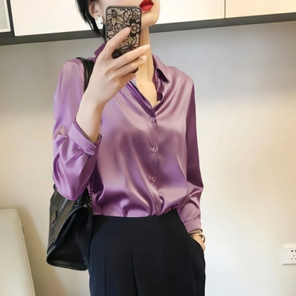 Satin Long Sleeve Blouse For Women Button Front Turn Down Collar Solid