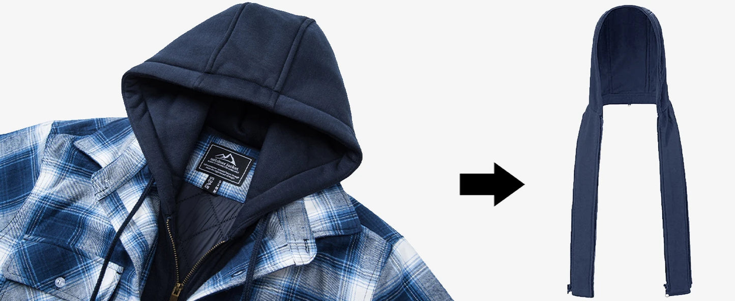 TACVASEN Men's Flannel Shirt Jacket with Removable Hood Plaid Quilted Lined Winter Coats Thick Hoodie Outwear Man Fleece Shirts