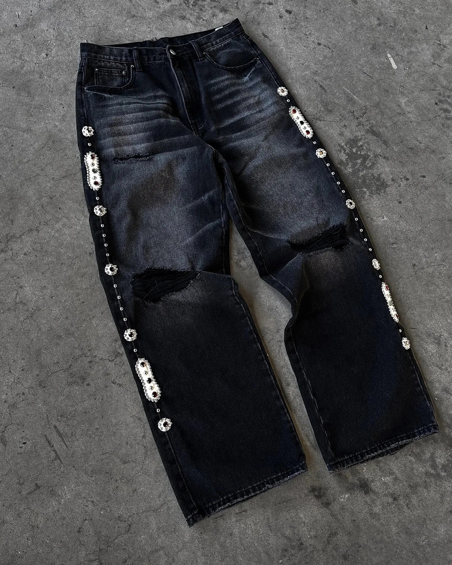 Men Women Cherry Blossom Knight All Embroidery Denim Pants Y2k Vintage Baggy Street Straight Jeans High Waisted Washed Blue Jean