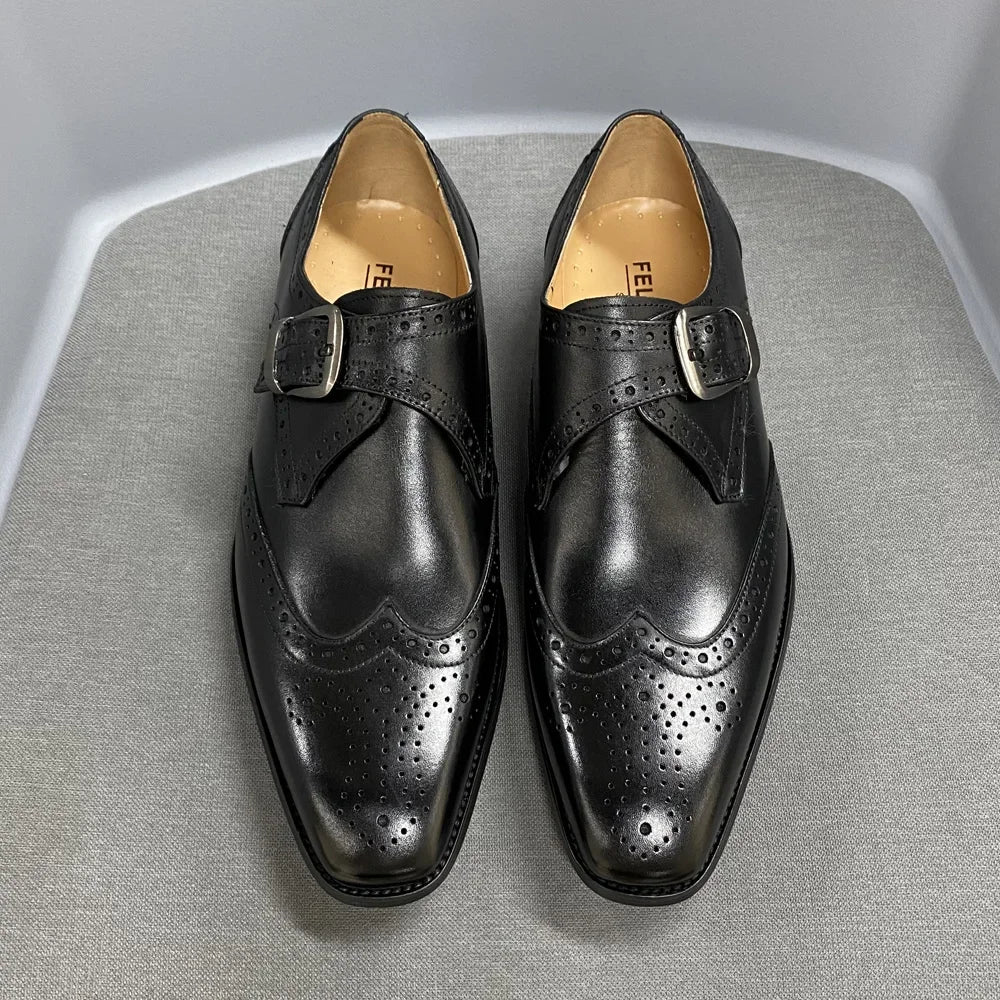 Genuine Leather Wingtip Oxfords With Monk Strap Buckle Brown And Black