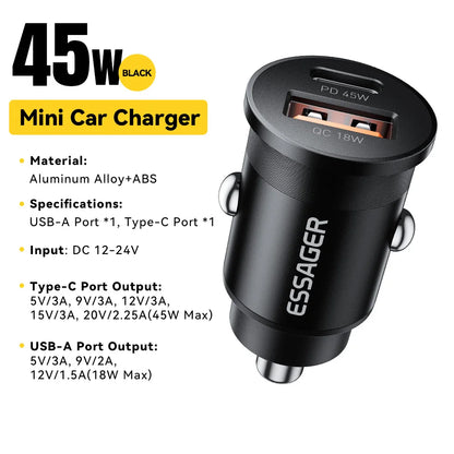 45W USB Type-C Car Charger With QC 3.0 PD 3.0 SCP AFC