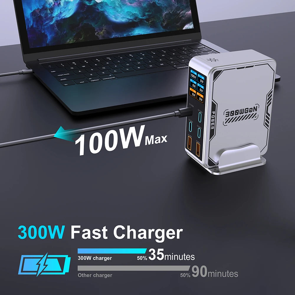 Ubigbuy 300W GaN Charger PPS PD 100W USB Type C 6-Port Digital Display Desktop Fast Charging Station for MacBook iPhone Samsung