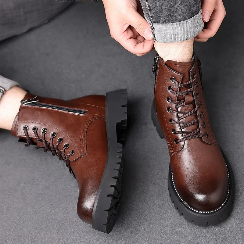 Mens Genuine Leather Motorcycle Boots Mid Calf With Thick Sole