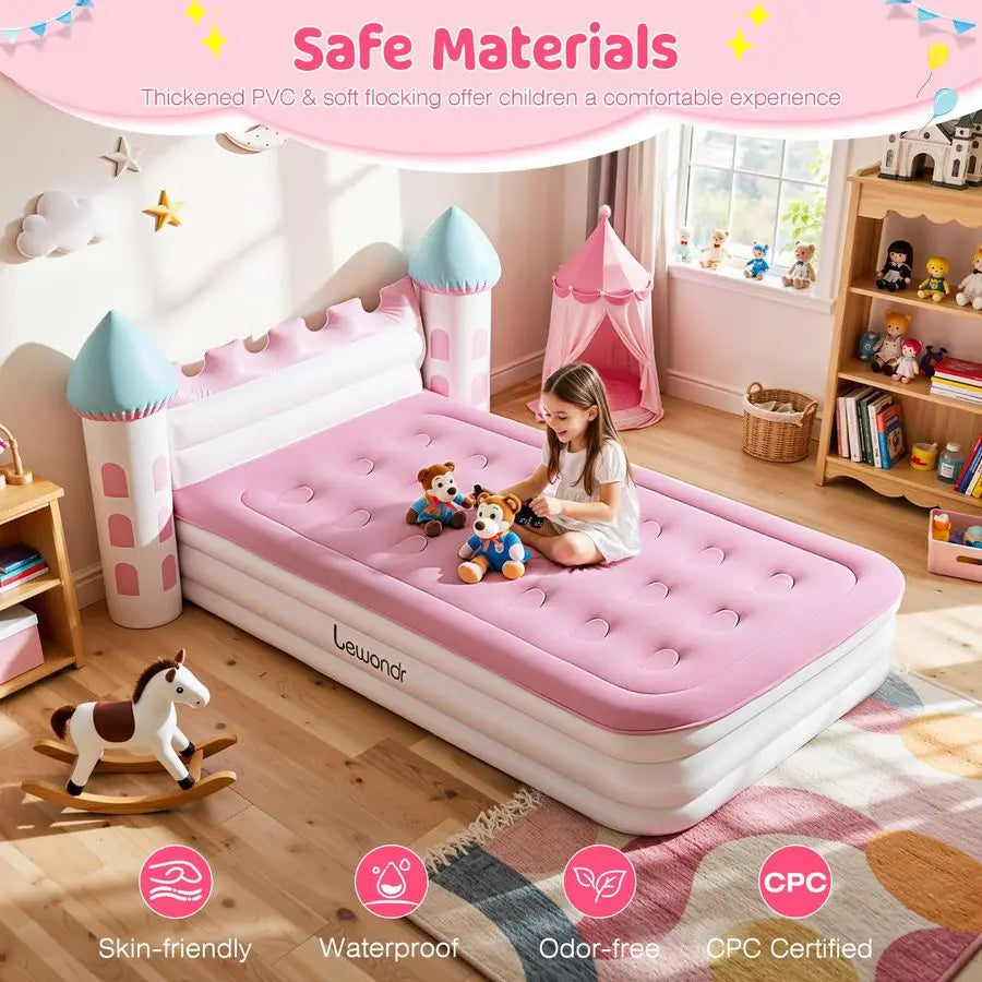Inflatable Kids Bed, Pink Castle Toddler Travel Bed with Electric Air Pump, Kids Blow Up Mattress with Portable Storage Bag, Kid