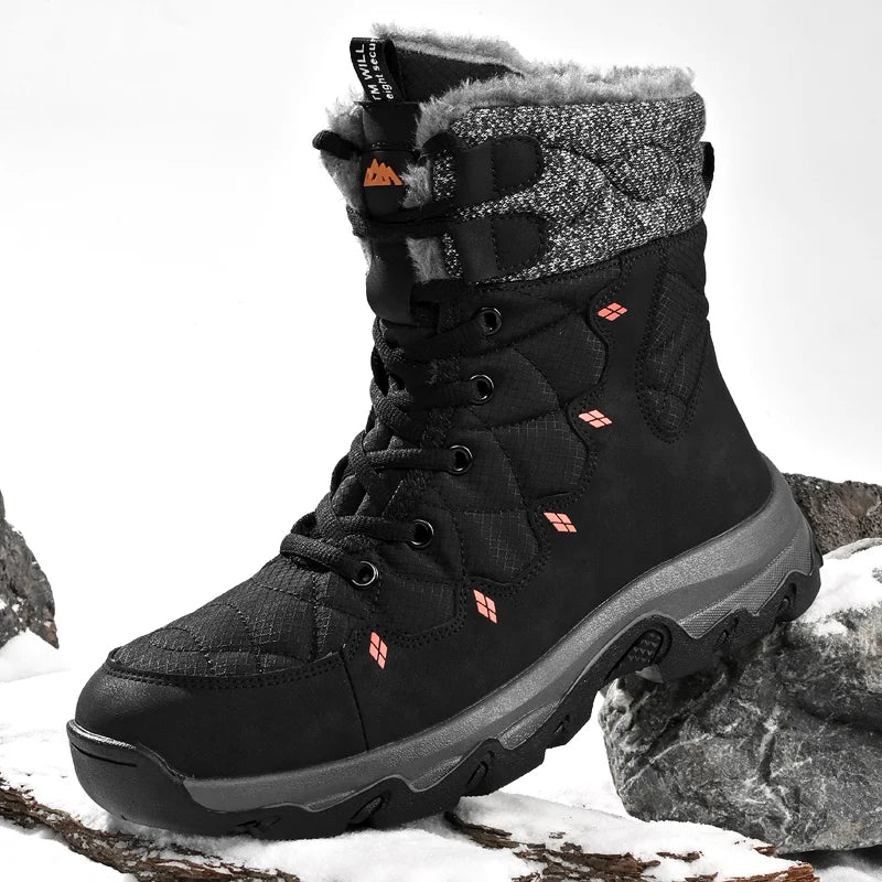 Men's Winter Snow Boots Leather Waterproof Mid-Calf Plush Lining Lace-Up