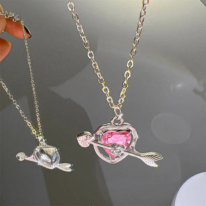 Pink Planet Heart Zircon Pendant Necklace Zinc Alloy For Women
