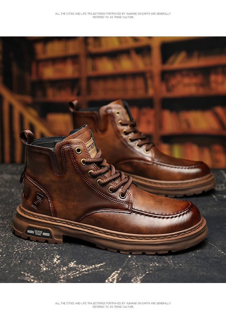 Brown Leather Mens Ankle Boots Lace Up Platform Outdoor