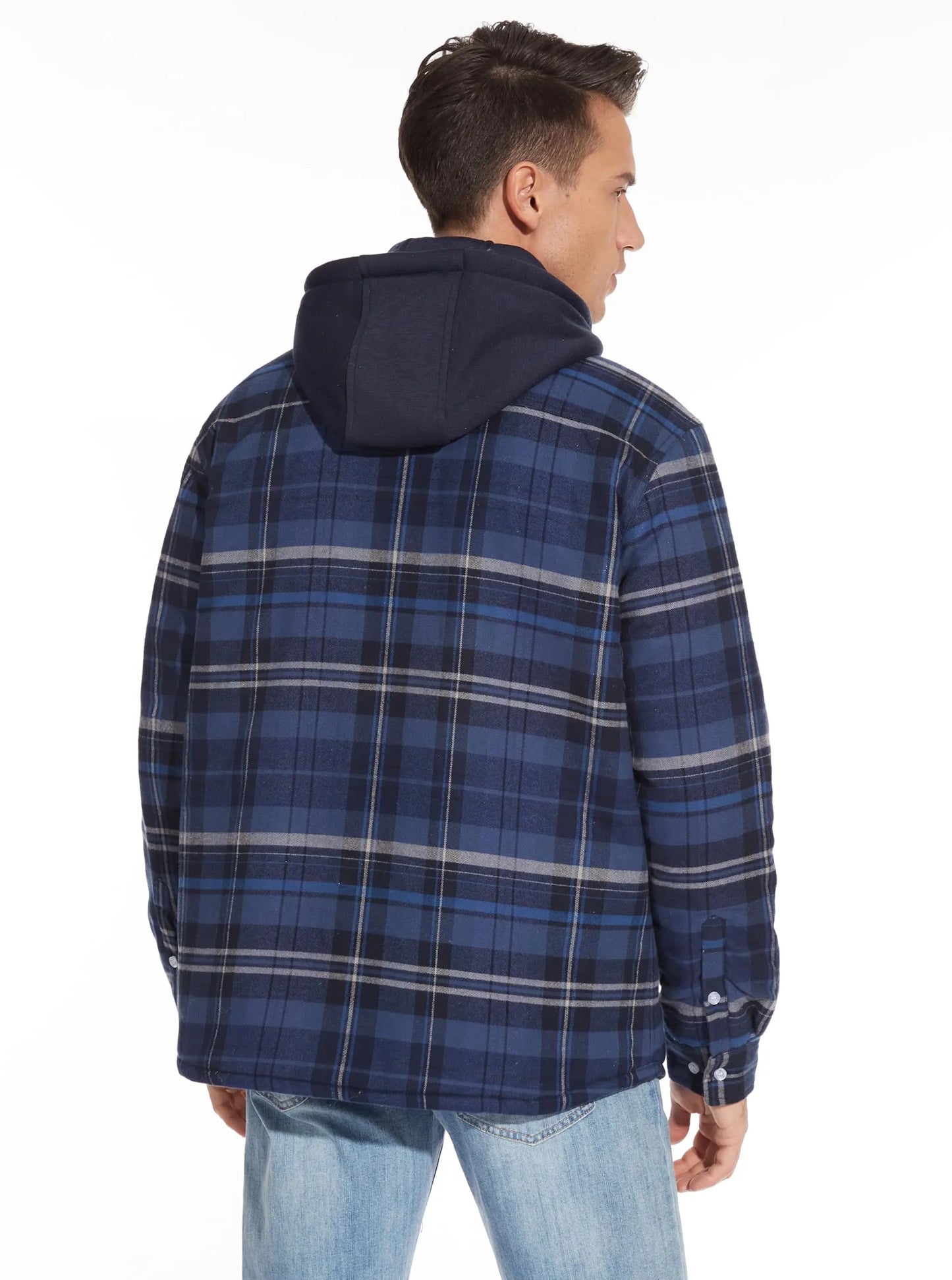 TACVASEN Men's Flannel Shirt Jacket with Removable Hood Plaid Quilted Lined Winter Coats Thick Hoodie Outwear Man Fleece Shirts