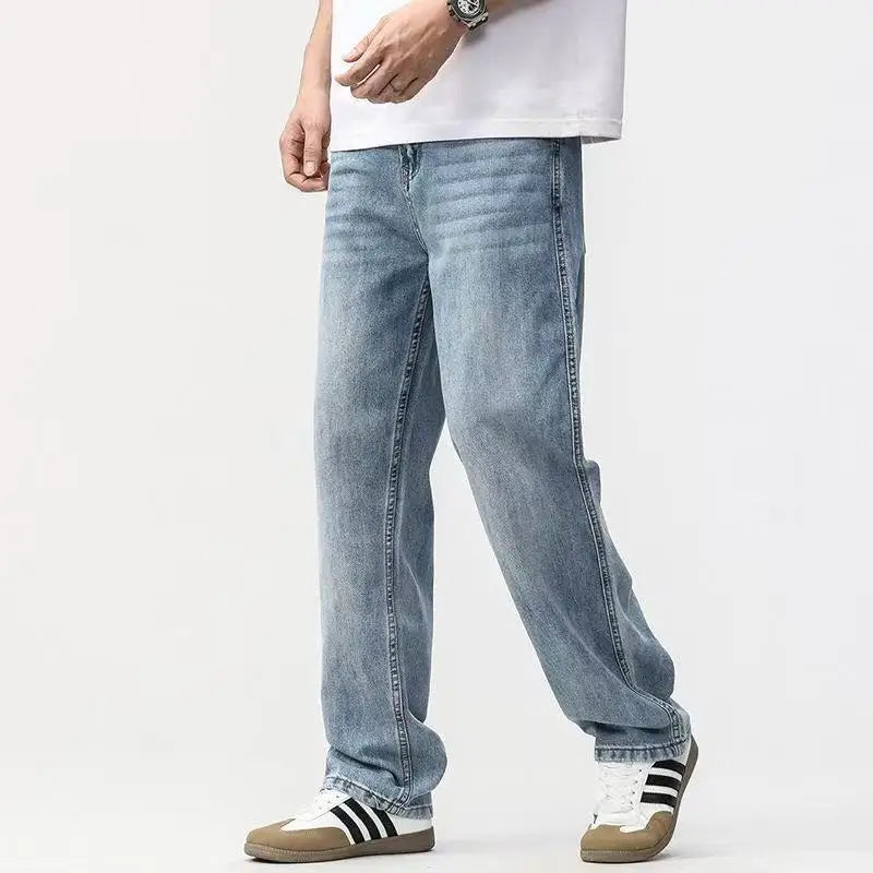 Men's Loose Straight Jeans, Light Blue, Casual Minimalist