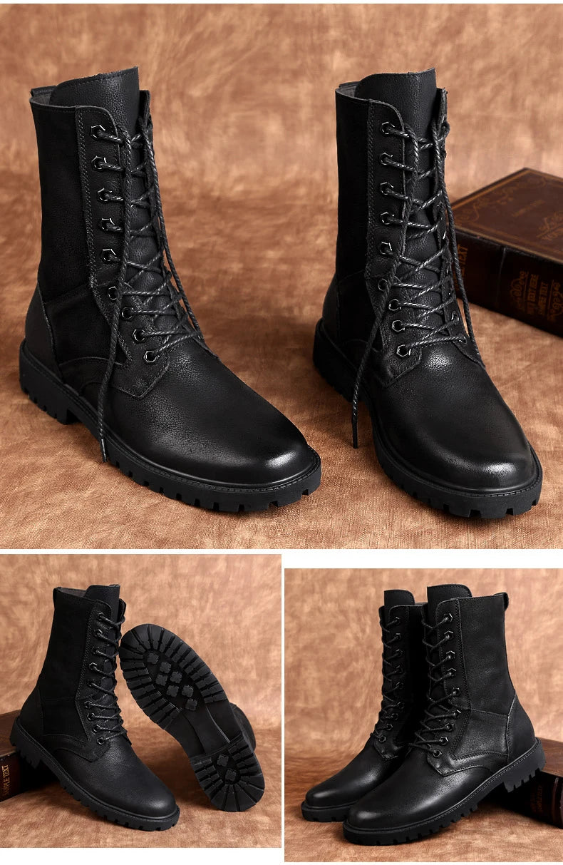 Men's Leather Motorcycle Boots Mid-Calf With Plush Lining