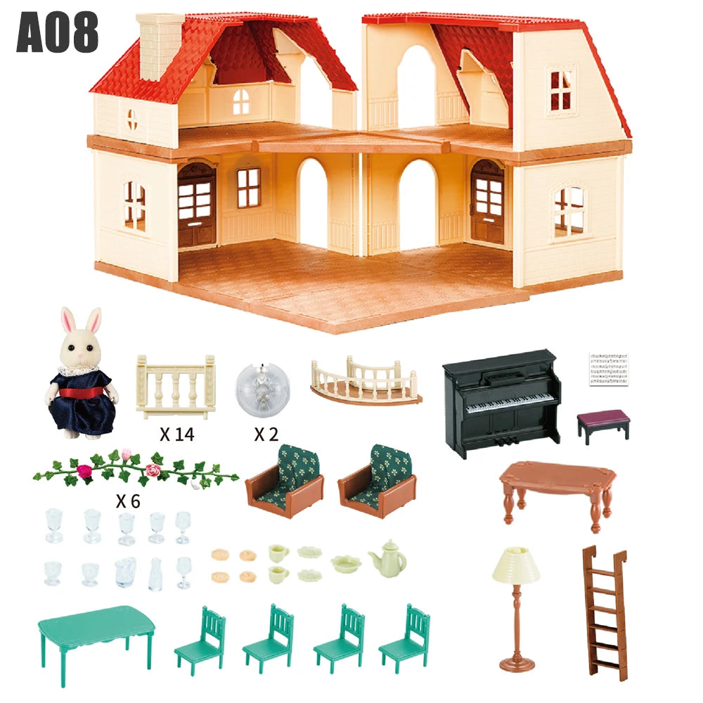 1/12 Dollhouse Furniture Family House Villa Simulate Forest Rabbit Animal Family Miniature Scene Toy Display Furniture Toy Gift