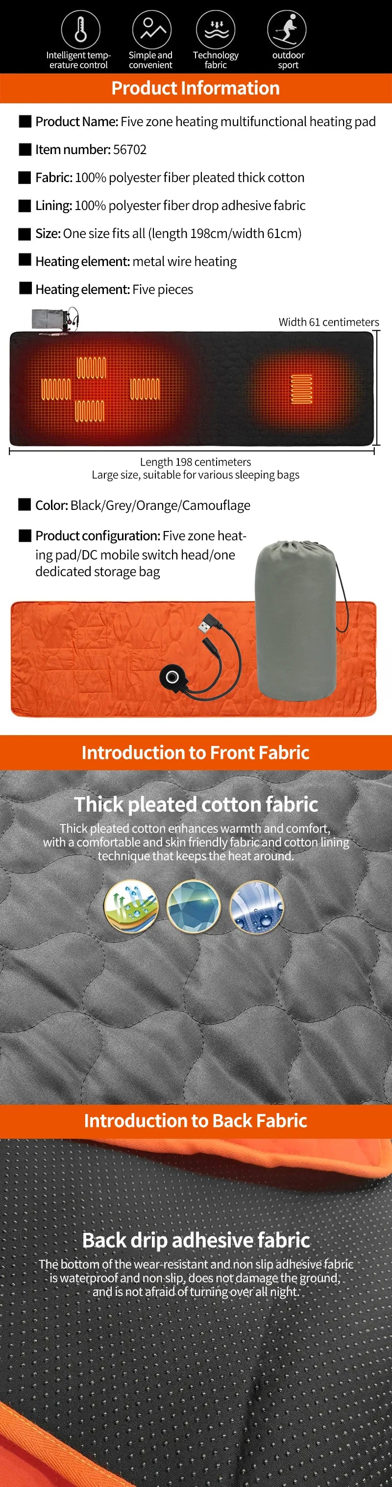Outdoor Camping USB Heating Sleeping Mat Outdoor Electric Heating Pads Sleeping Bag Mattress For Hiking Travel