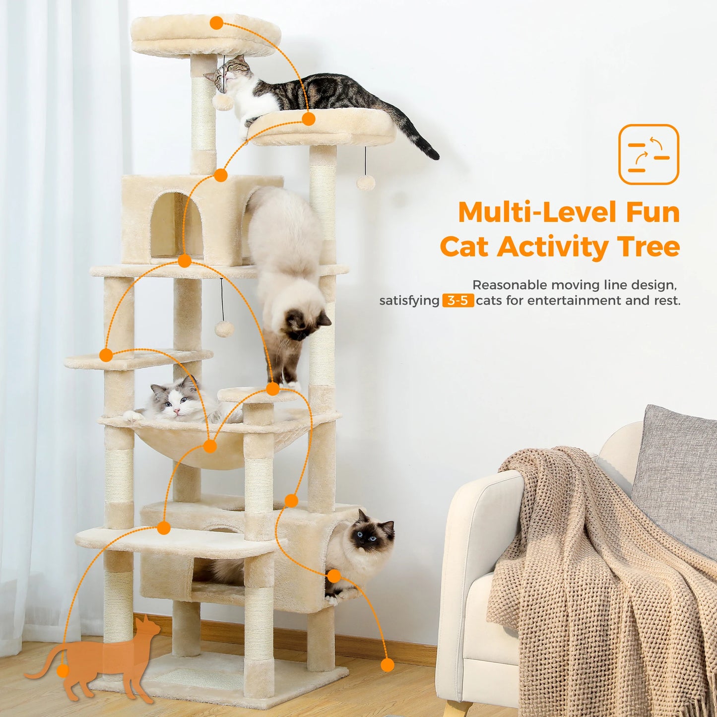 Spacious Cat Tree Tower with Hammocks and Scratching Posts