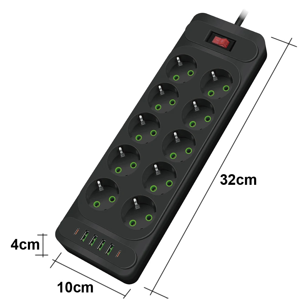 EU Plug 3-Outlet Power Strip With USB Surge Protector 2m Extension Cord Plastic