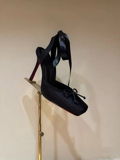 Women's Square-Toed Satin High Heel Sandals With Ankle Straps