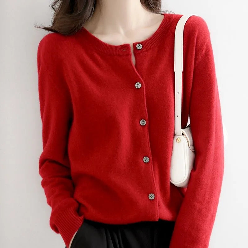 Women's round neck loose fitting slimming cardigan sweater, spring and autumn knitted cardigan, solid color versatile top