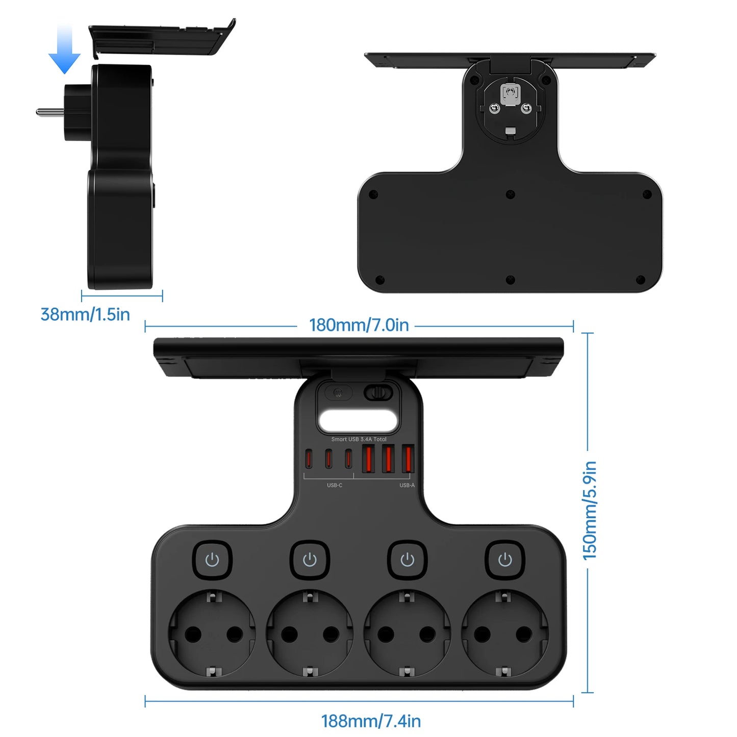 EU Multi-Function Power Strip,4000W Wall Mounted Independent Switches Socket ,Sensor Night Light, 3USB-C 3USB-A Ports Charging